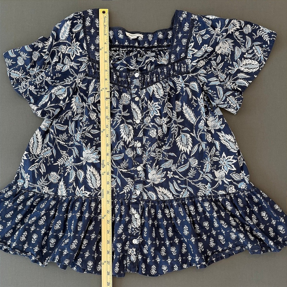 Beach Lunch Lounge Navy Floral Cotton Button Front Peplum Top Square Neck XL - Picture 2 of 11